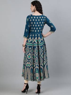 Turquoise printed viscose ethnic-kurtis 3