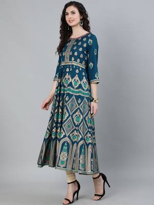 Turquoise printed viscose ethnic-kurtis 4