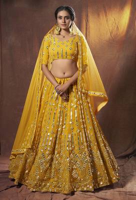 Yellow embroidered georgette semi stitched lehenga 1
