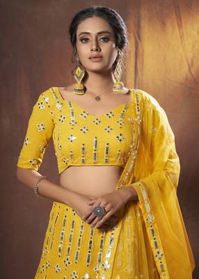 Yellow embroidered georgette semi stitched lehenga 2