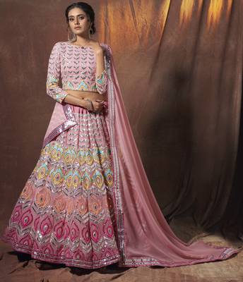 Peach embroidered georgette semi stitched lehenga 1