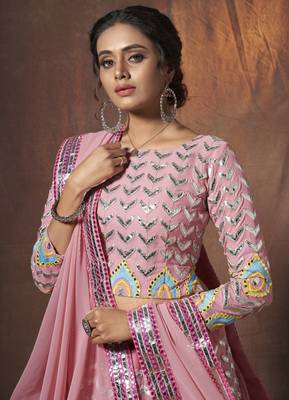 Peach embroidered georgette semi stitched lehenga 2