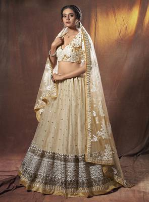 Beige embroidered net semi stitched Pary wear lehenga 2