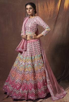 Peach embroidered georgette semi stitched lehenga 3