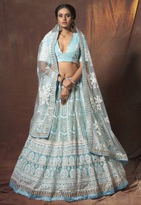 Baby blue embroidered net semi stitched bridal lehenga 1