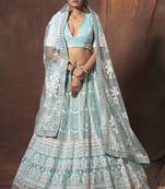 Baby blue embroidered net semi stitched bridal lehenga