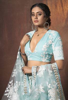 Baby blue embroidered net semi stitched bridal lehenga 2
