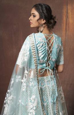 Baby blue embroidered net semi stitched bridal lehenga 3