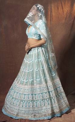 Baby blue embroidered net semi stitched bridal lehenga 4