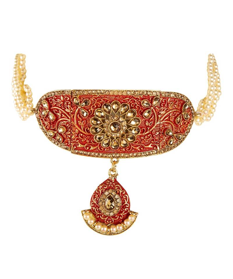 Red gold plated Yellow Gold Alloy   Necklace   Pair Earring   Maangtika