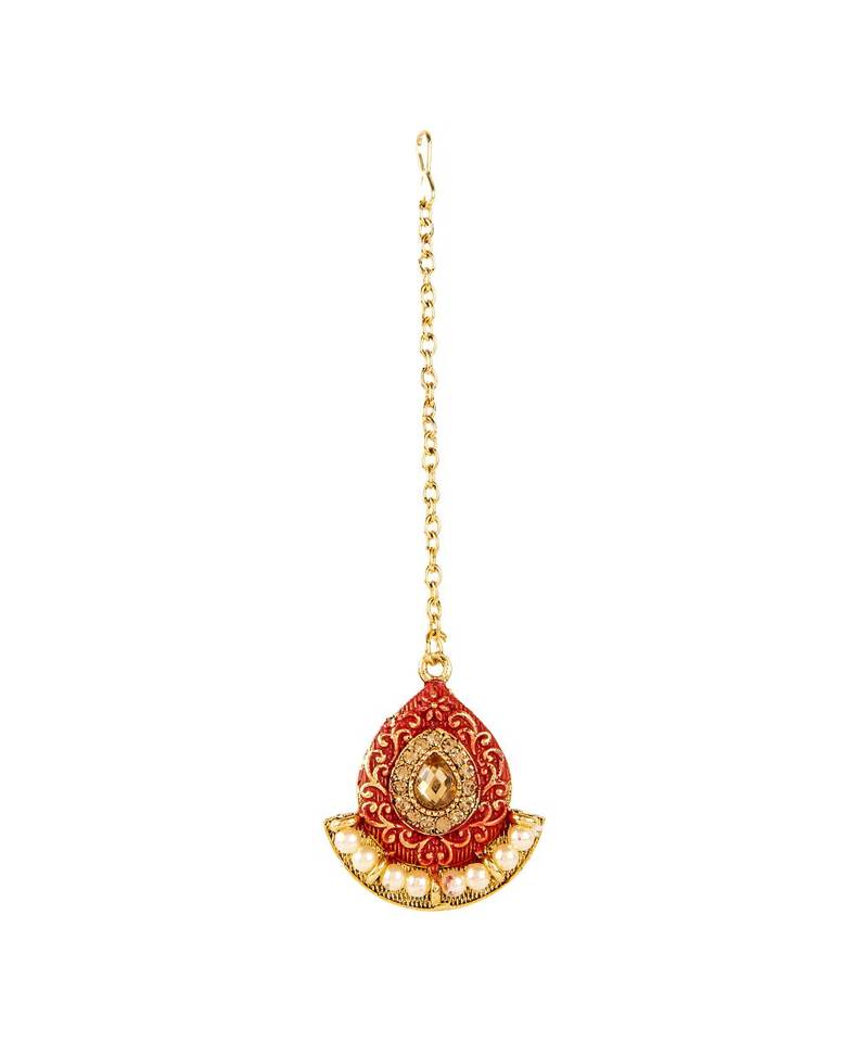 Red gold plated Yellow Gold Alloy   Necklace   Pair Earring   Maangtika