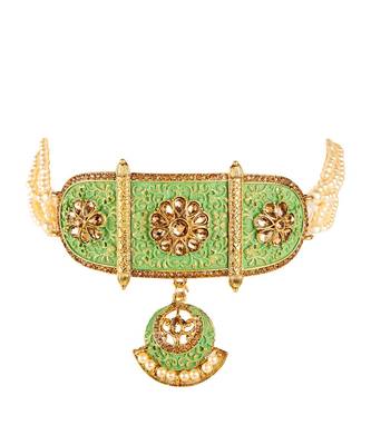 Green gold plated Yellow Gold Alloy   Necklace   Pair Earring   Maangtika 2