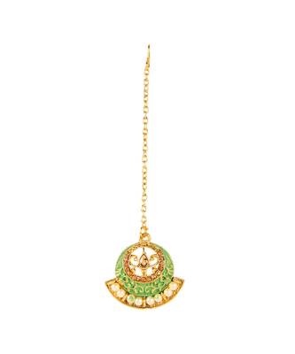 Green gold plated Yellow Gold Alloy   Necklace   Pair Earring   Maangtika 4