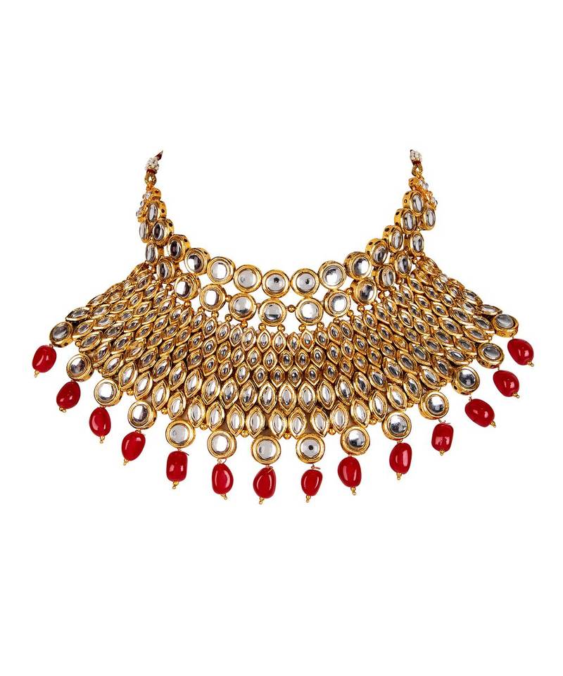 Red gold plated Yellow Gold Alloy   Necklace   Pair Earring   Maangtika