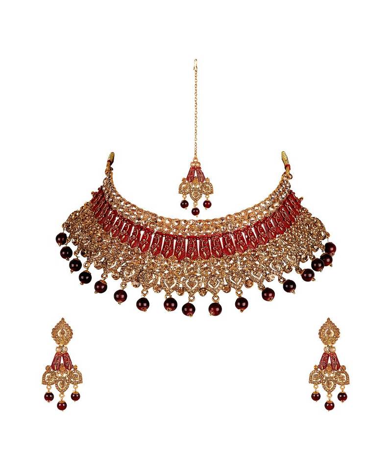 Red gold plated Yellow Gold Alloy   Necklace   Pair Earring   Maangtika