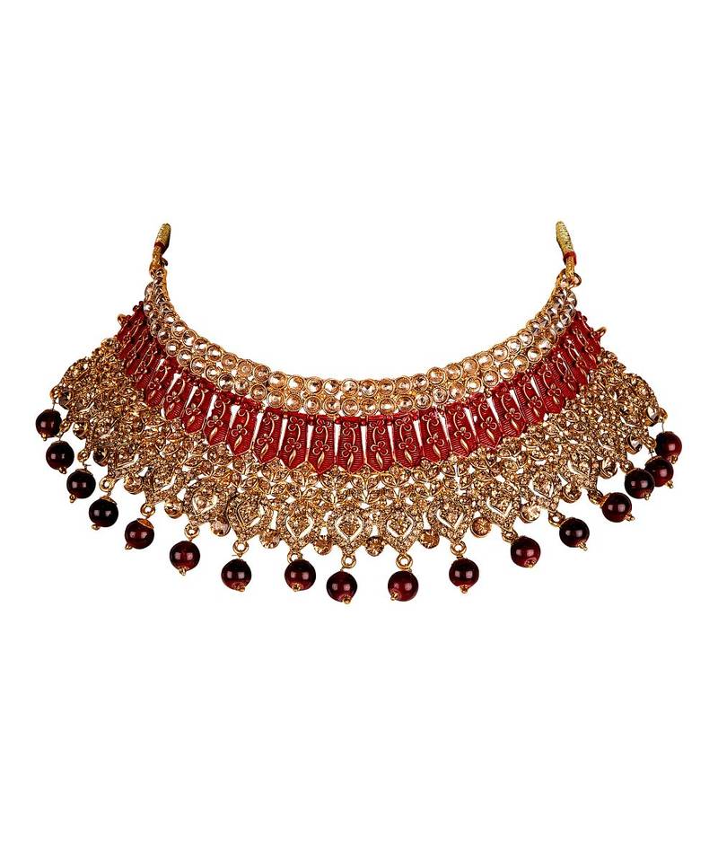 Red gold plated Yellow Gold Alloy   Necklace   Pair Earring   Maangtika