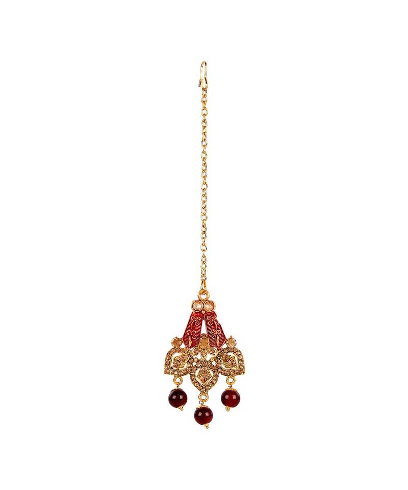 Red gold plated Yellow Gold Alloy   Necklace   Pair Earring   Maangtika