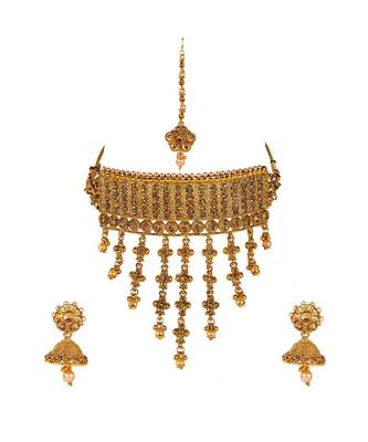 Gold gold plated Yellow Gold Alloy   Necklace   Pair Earring   Maangtika 1