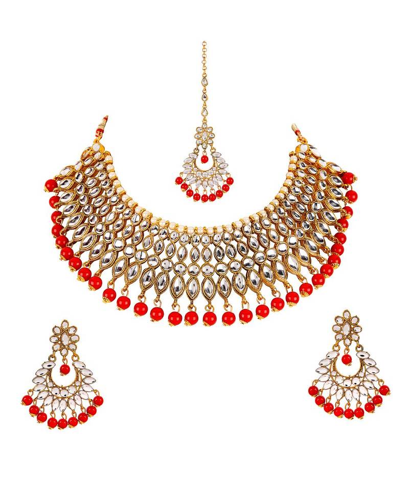 Red gold plated Yellow Gold Alloy   Necklace   Pair Earring   Maangtika