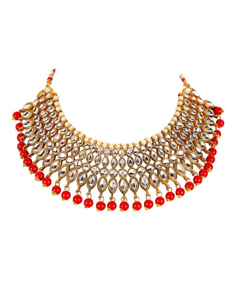 Red gold plated Yellow Gold Alloy   Necklace   Pair Earring   Maangtika