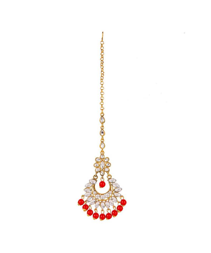 Red gold plated Yellow Gold Alloy   Necklace   Pair Earring   Maangtika