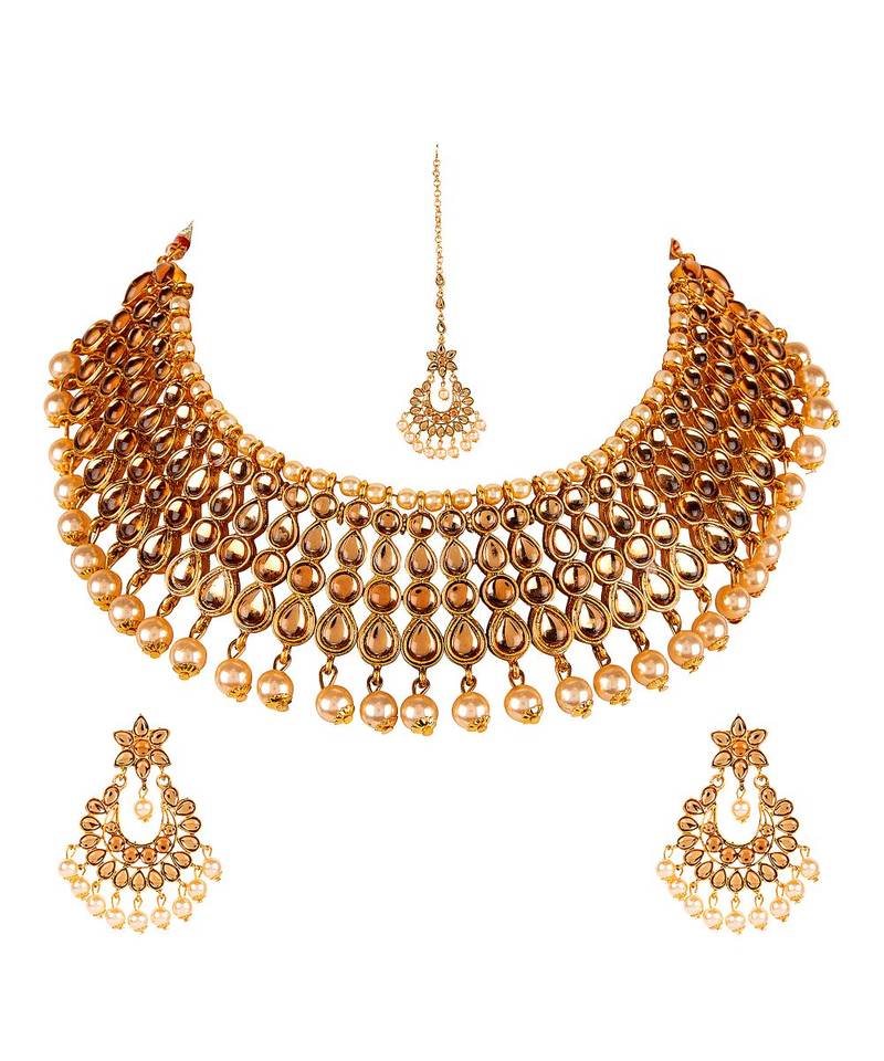 Gold gold plated Yellow Gold Alloy   Necklace   Pair Earring   Maangtika