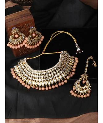 Orange gold plated Yellow Gold Alloy   Necklace   Pair Earring   Maangtika 1