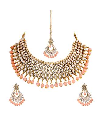 Orange gold plated Yellow Gold Alloy   Necklace   Pair Earring   Maangtika 2