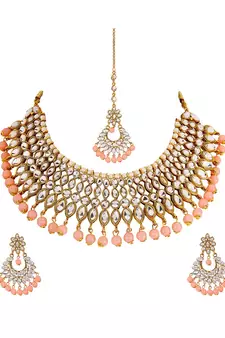 Orange gold plated Yellow Gold Alloy   Necklace   Pair Earring   Maangtika