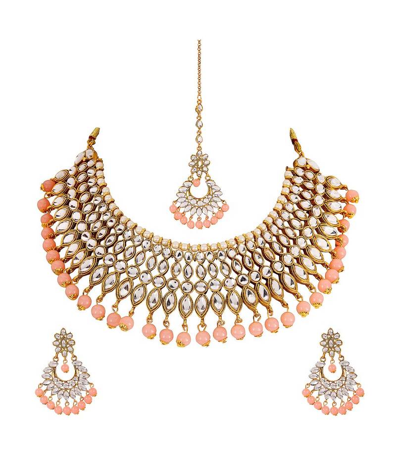 Orange gold plated Yellow Gold Alloy   Necklace   Pair Earring   Maangtika