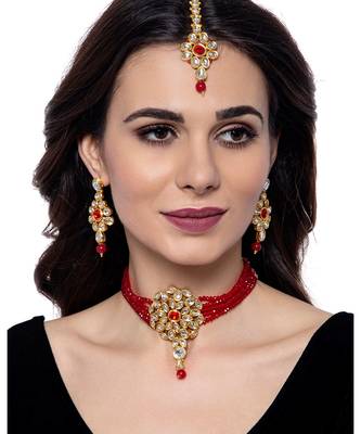Red gold plated Yellow Gold Alloy   Necklace   Pair Earring   Maangtika 1