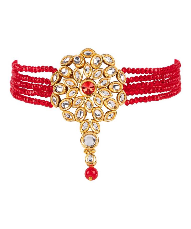 Red gold plated Yellow Gold Alloy   Necklace   Pair Earring   Maangtika