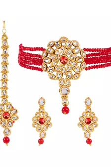 Red gold plated Yellow Gold Alloy   Necklace   Pair Earring   Maangtika
