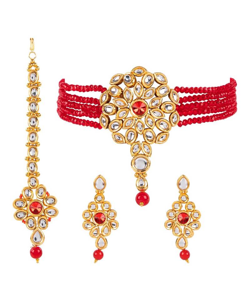 Red gold plated Yellow Gold Alloy   Necklace   Pair Earring   Maangtika