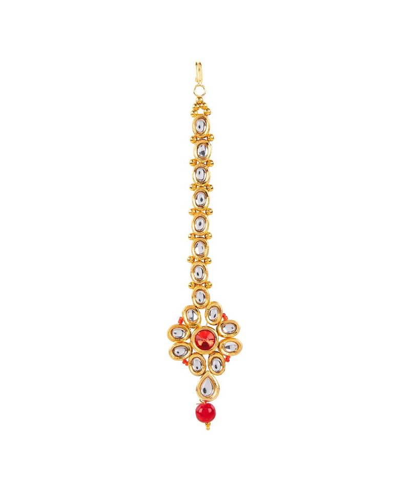 Red gold plated Yellow Gold Alloy   Necklace   Pair Earring   Maangtika