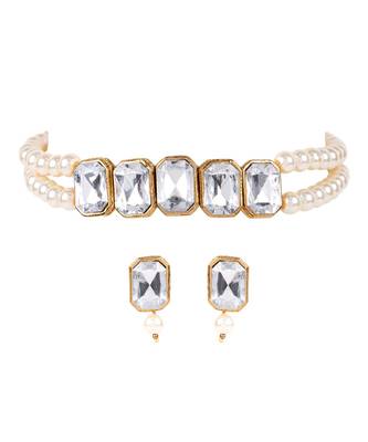 White gold plated Yellow Gold Alloy   Necklace   Pair Earring   Maangtika 1