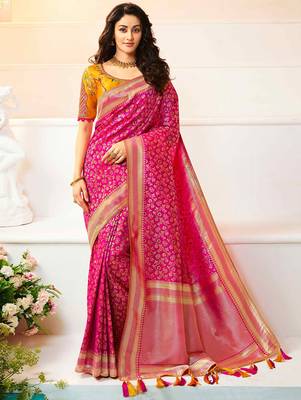 Rani Pink Woven silk blend Saree With Blouse 1