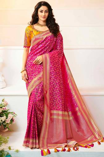 Rani Pink Woven Silk Blend Saree With Blouse