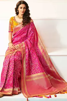 Rani Pink Woven silk blend Saree With Blouse