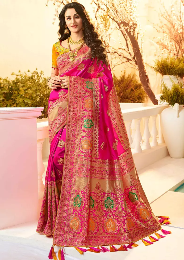   rani pink woven silk saree with blouse