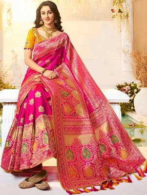 Rani Pink Woven silk blend Saree With Blouse 2