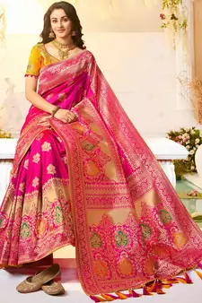 Rani Pink Woven Silk Blend Saree With Blouse