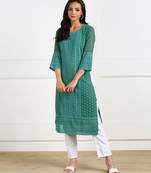 Teal embroidered georgette chikankari-kurtis