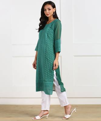 Teal embroidered georgette chikankari-kurtis 3