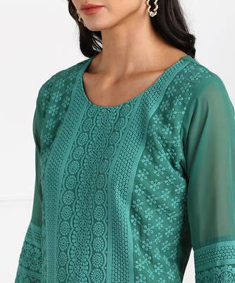 Teal embroidered georgette chikankari-kurtis 5