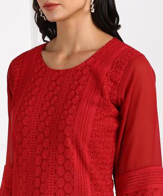 Red embroidered georgette chikankari-kurtis 5