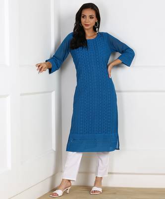 Blue embroidered georgette chikankari-kurtis 3