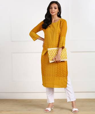Mustard embroidered georgette chikankari-kurtis 3