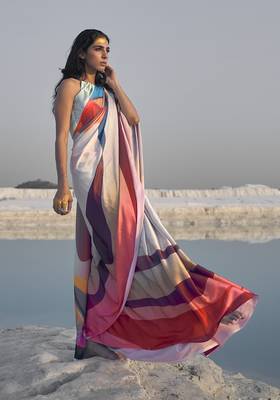 Multicolor Printed Satin Saree With Blouse 2