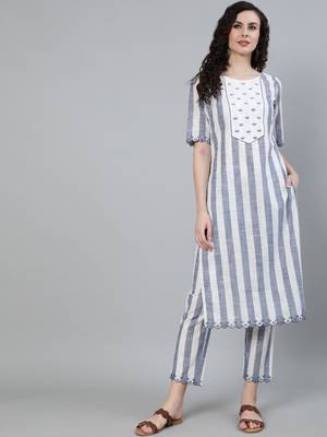 White cotton Printed   Kurta  with  Pant 1